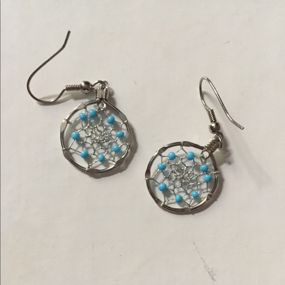 Silver dream catcher earrings with turquoise stone